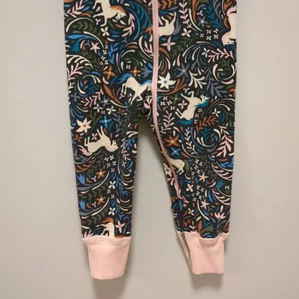 Hanna Andersson Black Floral Unicorn Organic Cotton Pajamas Sleeper 80 18/24 Mon